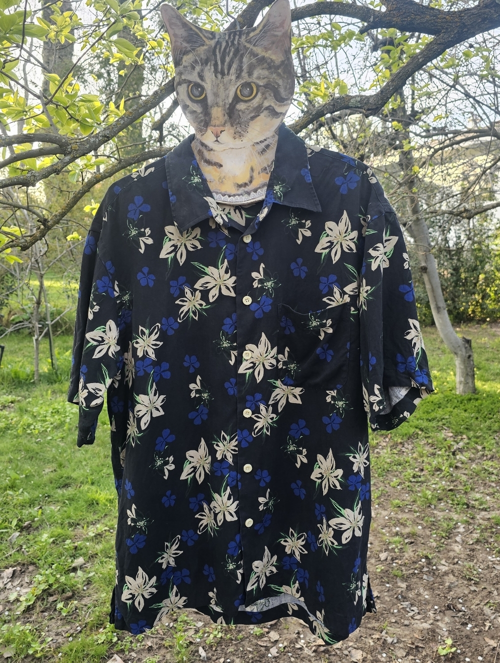 Izod Black Floral Short-Sleeve Button-Down Shirt with Blue & Cream Flowers